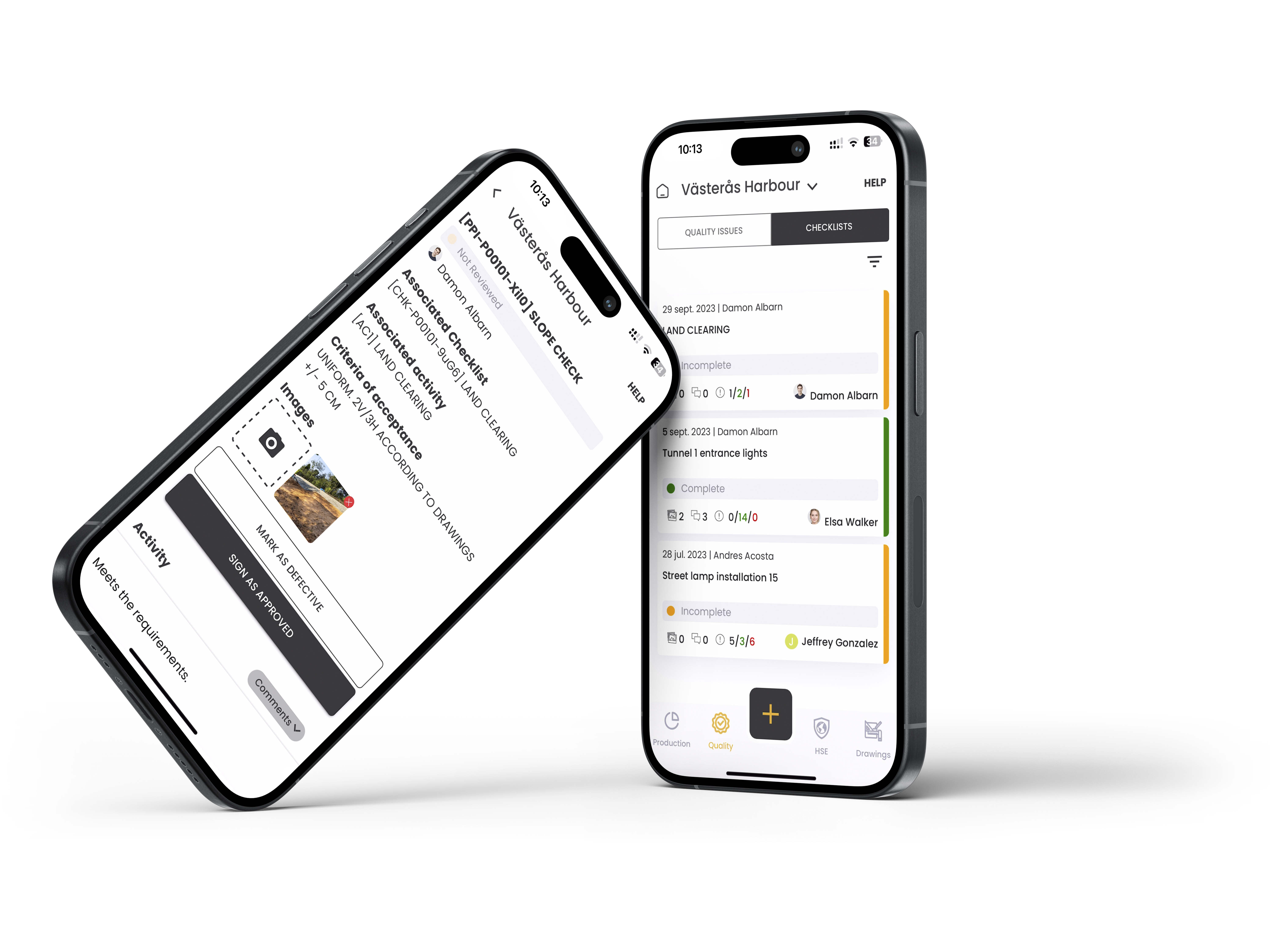 A mockup of one iPhone leaning against another iPhone. One screen shows when you try adding a checklists on the odei.io app, and the other screen shows the full checklists listing on the app.