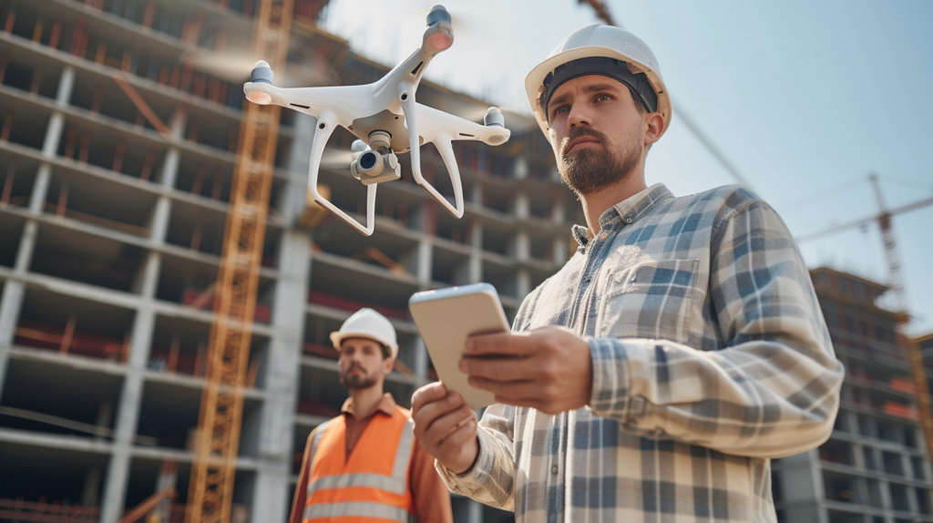 Señor haciendo seguimiento de obra con drones en construcción